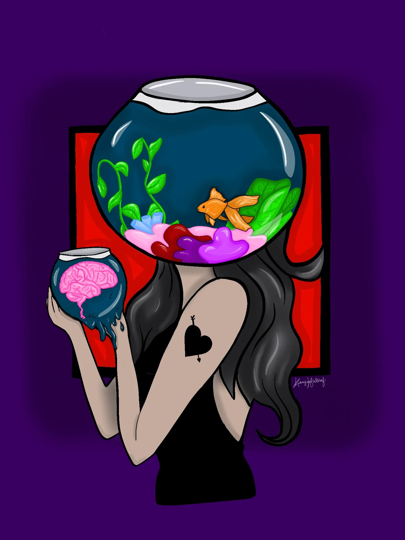 Where's My Brain, a woman holding a fishbowl of goldfish where her head would be